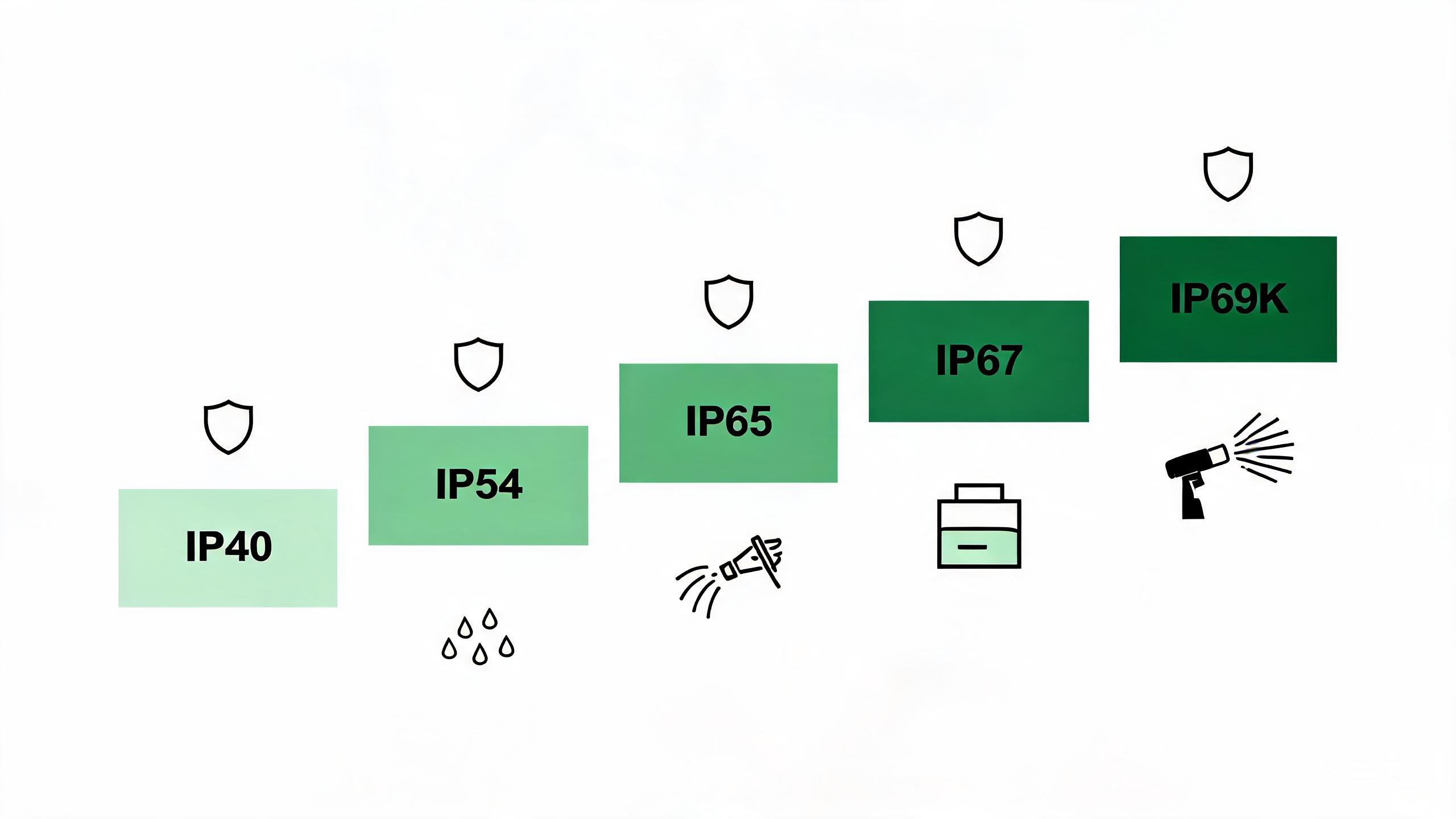 IP防护等级阶梯对比图：IP40到IP69K防护能力递进